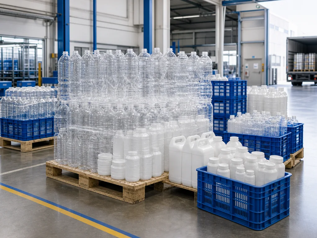 Finished plastic packaging products prepared for storage and dispatch