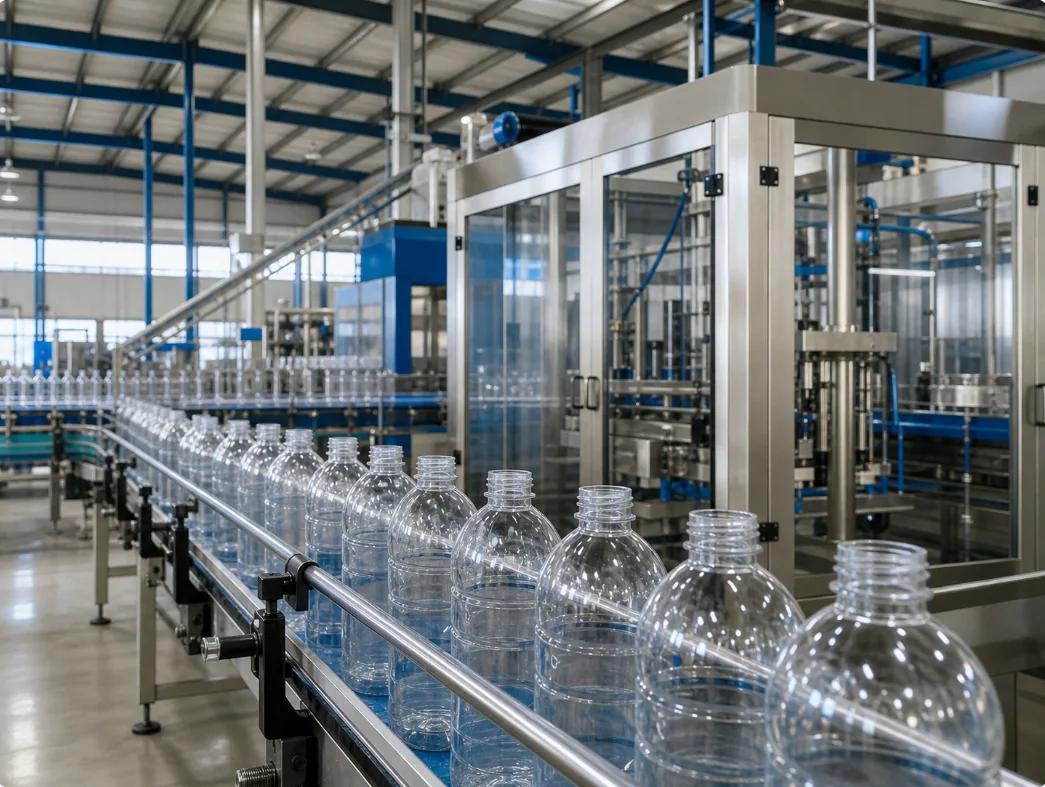 Clear plastic bottles moving through a production line inside the PPM Zambia factory