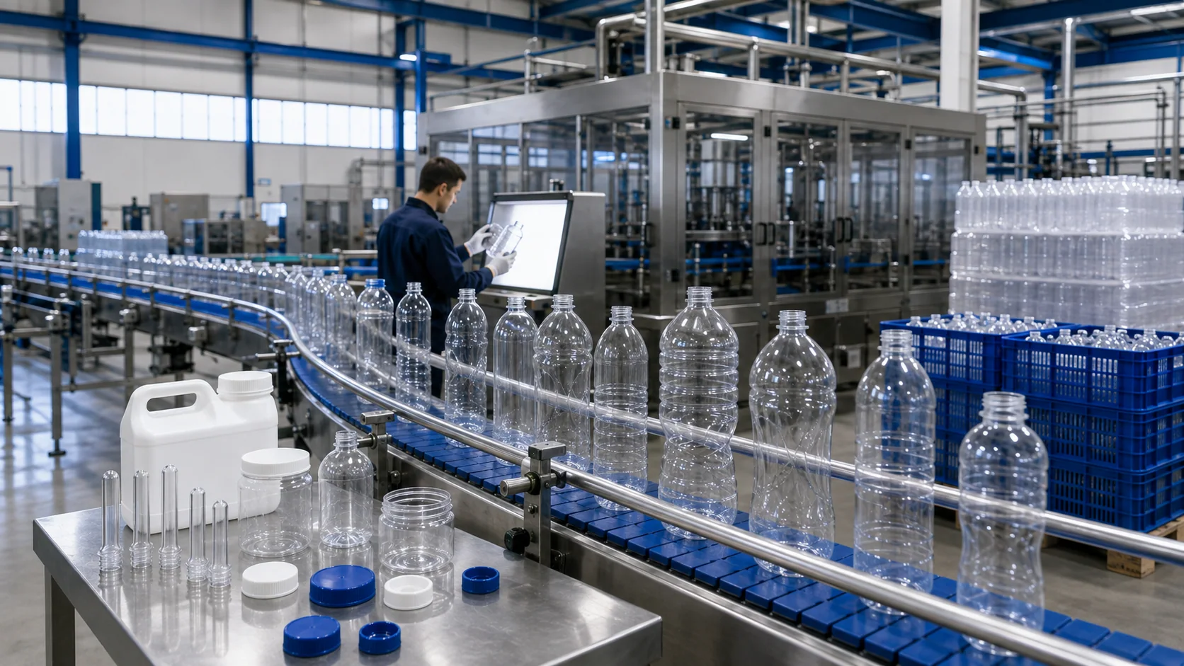 Production machinery with finished plastic packaging in the foreground