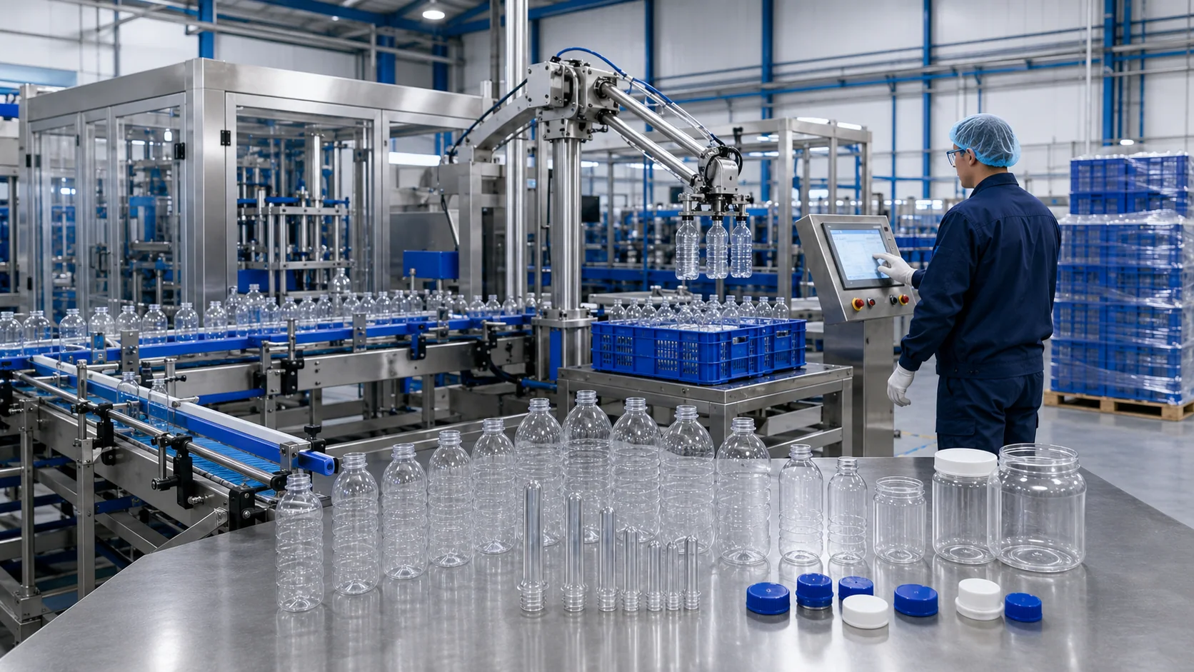 Production operator supervising automated packaging equipment