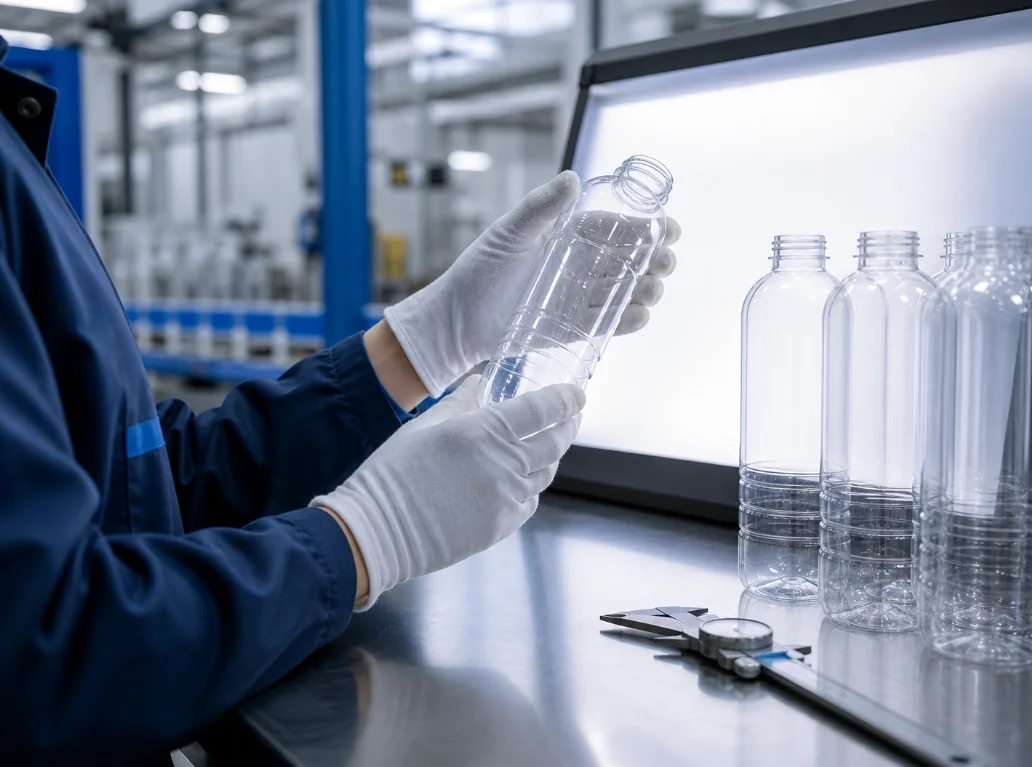 Gloved quality-control inspection of a clear plastic bottle