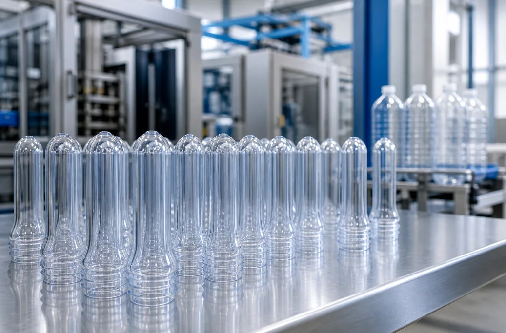 PET preforms arranged in rows before bottle production